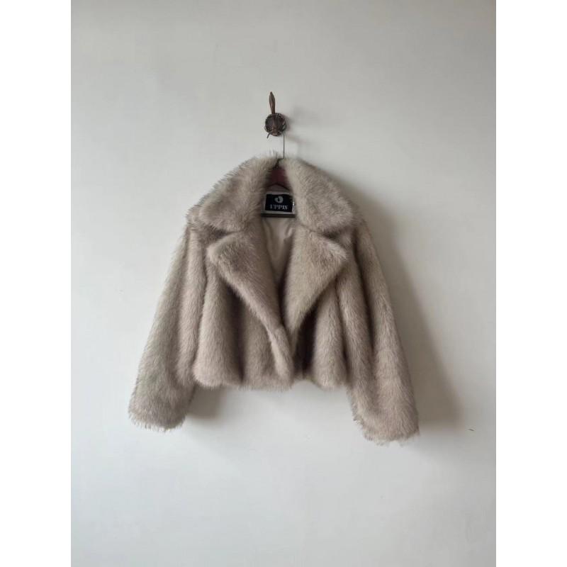 Womens Faux Fur Coat Winter Short Oversized Lapel Fluffy Jacket Fox Trim Casual Outerwear