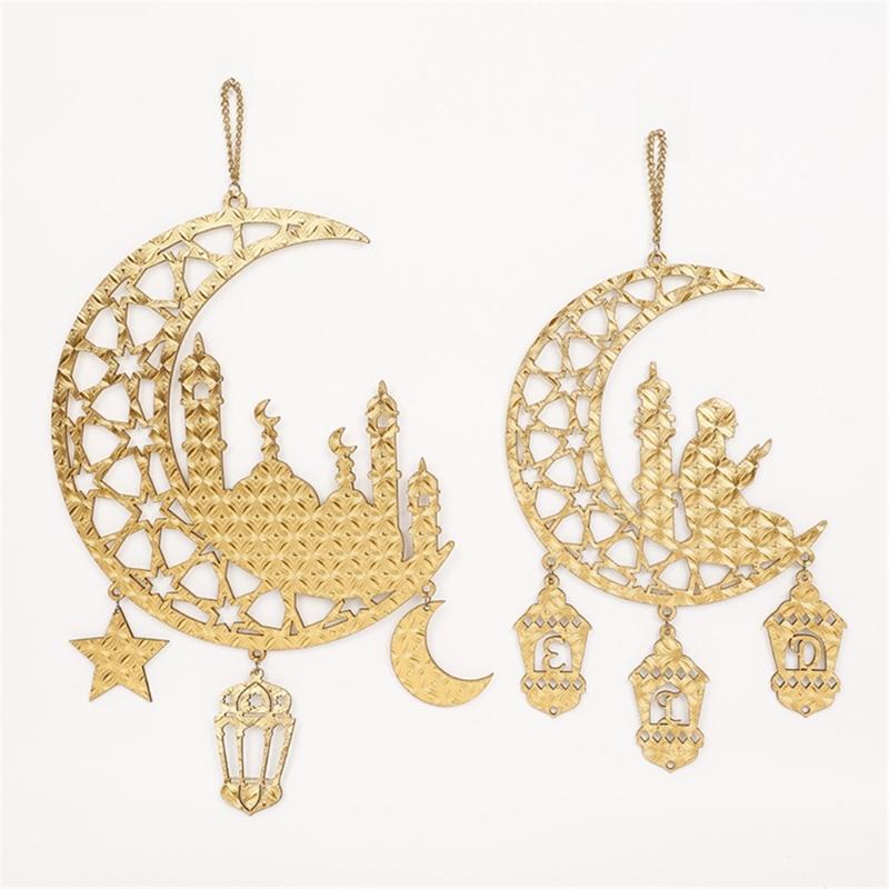 Eid Mubarak Home Decoration Golden Moon and Star Wood Holiday Pendant Decorative Hanging Ornament for Home Office