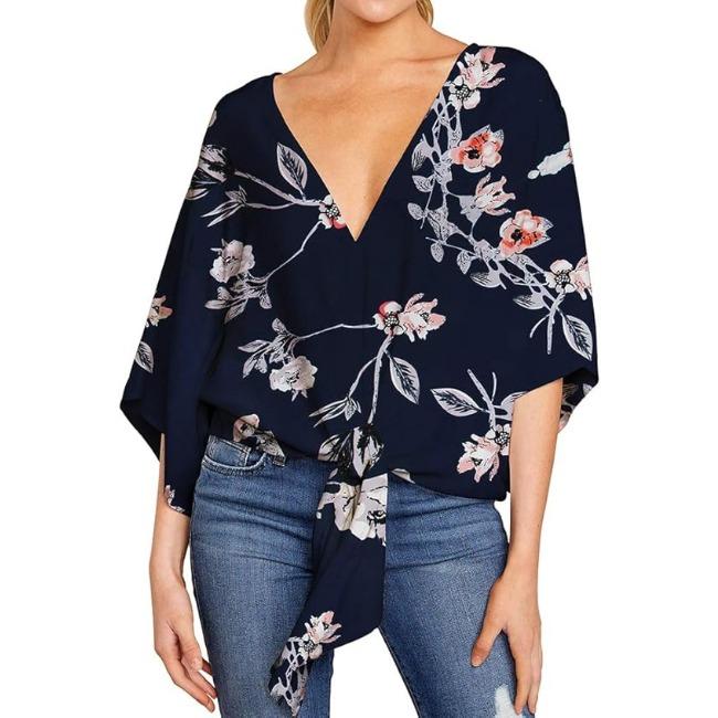 Damen Casual Blumenhemd Sommerstil V-Ausschnitt Kurzarm Fledermausärmel Lockeres Hemd Bohemian Stil Frontknoten Oberteil