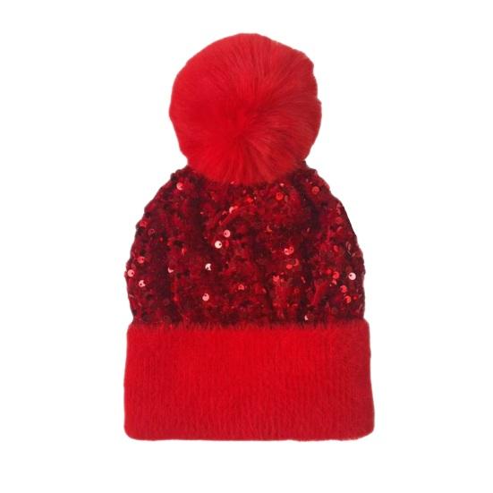 Women Knitting Hat Plush Ball Decor Shiny Sequins Decor Brimless Hat Winter Warm Furry Bucket Hat Headwear