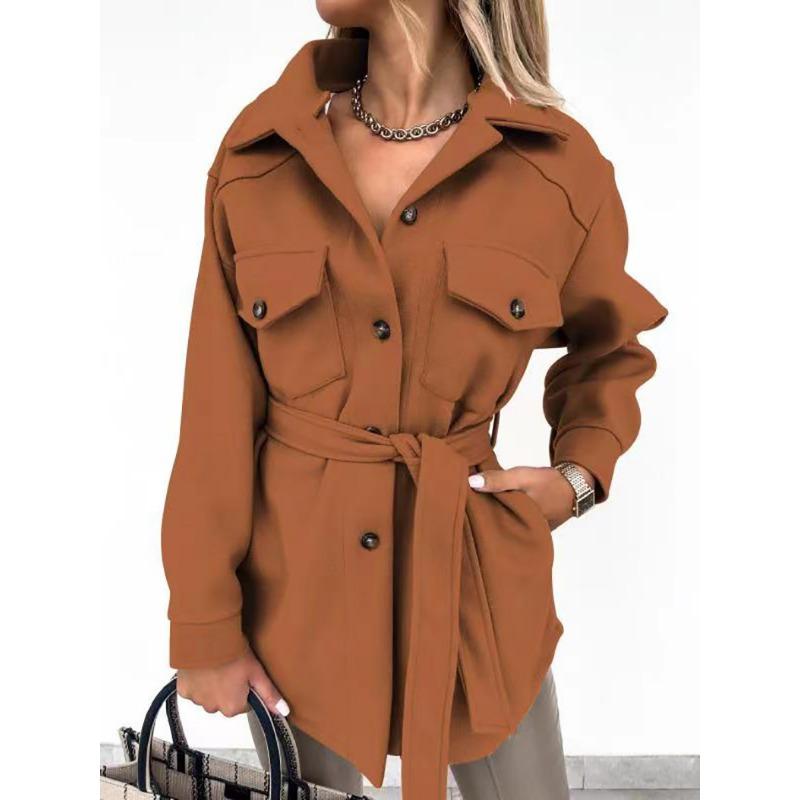 Autumn Winter Long Sleeved Cardigan Women Coats Plus Size Solid Color Casual Loose Simple Lapel Button Woolen Jackets Pockets Lace-up Women's Clothing