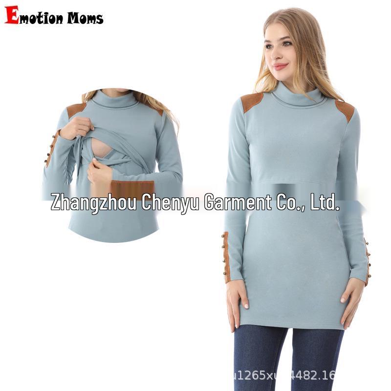 Warm High Neck Slim Fit Nursing Maternity Top with Integrated Bra for Autumn/Winter