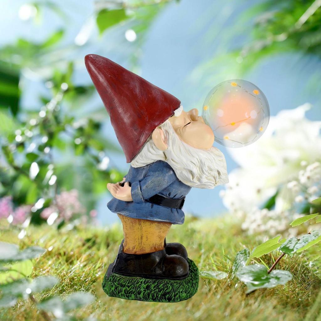 Blowing‑bubble Gnome Statue Solar LED Light Resin Garden Outdoor Yard Ornament Decor