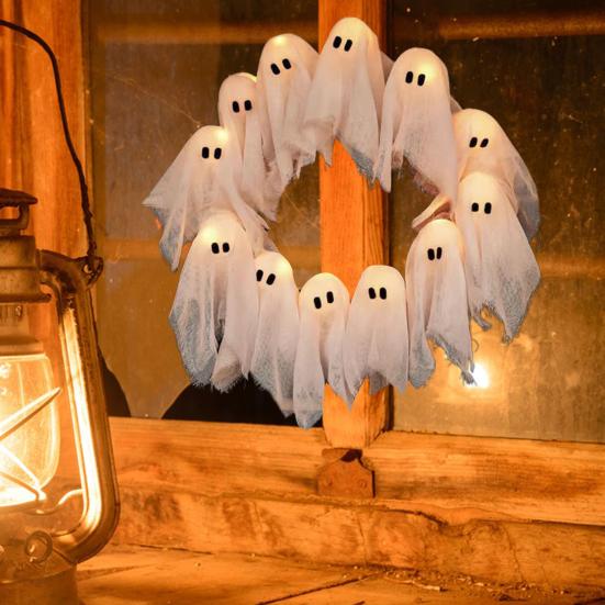 Lit Ghosts Wreath Halloween Ghost Garland with Lights Battery-Powered LED Light-Up White Spooky Garland Decoration