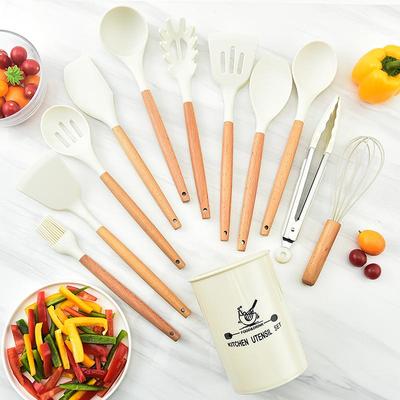 Popular With Wooden Multifunction White Handle Food Grade Silicone Kitchenware Spatula Ladle Beaters Utensils Set Non-Stick Home Living Cooking Tool