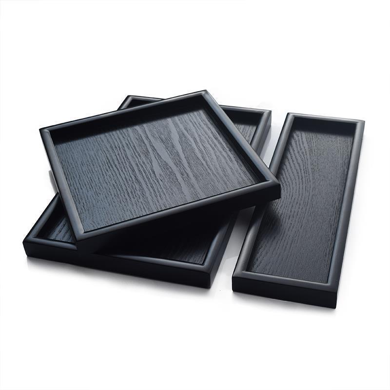 Rectangular Japanese Black Wooden Serving Tray - Solid Wood Plate for Dinner, Tea, or Water Cups. Perfect for Retro Restaurant Decor.