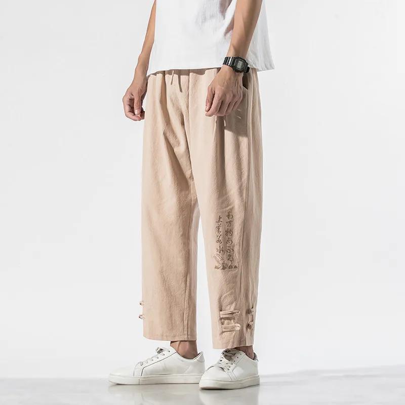 

Chinese Style Men Cropped Harem Pants Men Frog Buttons Embroidery Pants Traditional Loose Fit Trousers Daily Wear Bottoms 4XL хакі