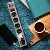 Fargo STEEL TAP Power Strip, Steel, 3-Prong, with Grounding Wire, Wall-Mountable, Fixed Cord (Light Gray, 6 Outlets, 2m)
