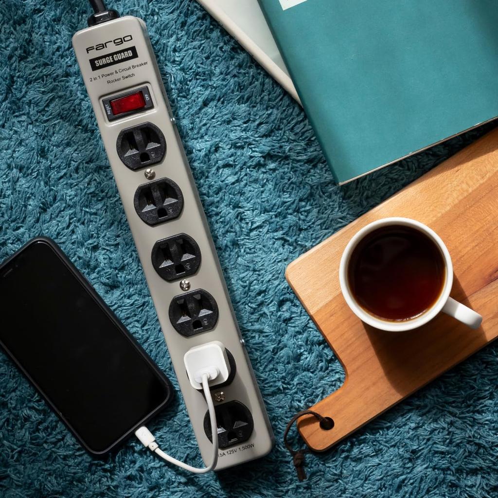 Fargo STEEL TAP Power Strip, Steel, 3-Prong, with Grounding Wire, Wall-Mountable, Fixed Cord (Light Gray, 6 Outlets, 2m)