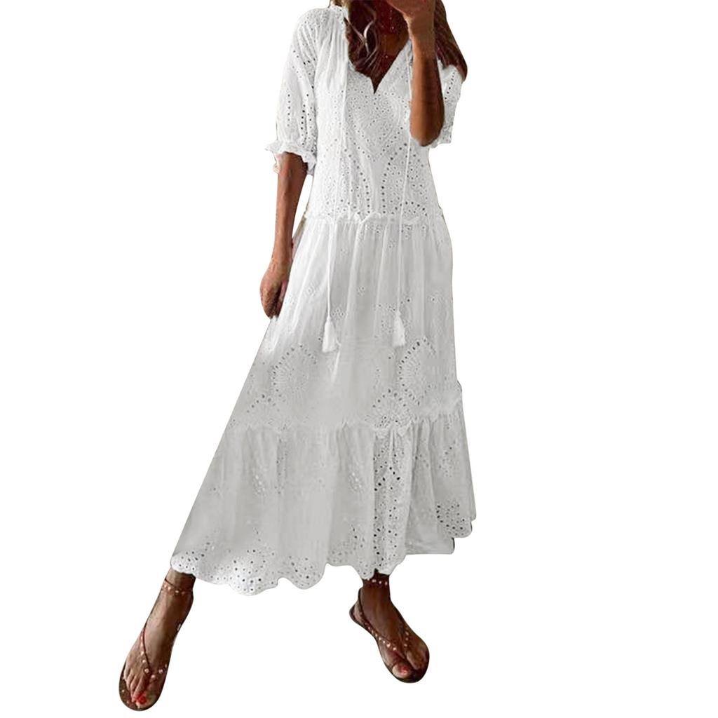Summer White Dress for Women Casual Hollow Crochet Bohemian Loose Beach Long Dress Ladies Holiday Ruffles Dress