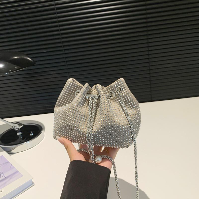 Trendy Rhinestone Bucket Bag Stylish Chic Handbag With Adjustable Single Strap