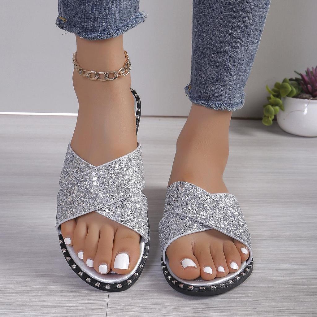 European Cross Strap Sequin Summer 2024 Round Toe Women's Plus Size Thick Sole Slippers.