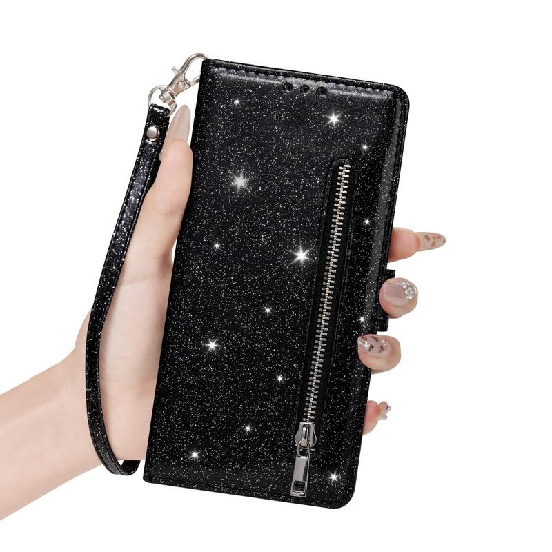 Glitter Zipper Leather Flip Wallet Case For iPhone 17 Pro Max Luxury Card Slots Phone Holder Cover For iPhone 16 15 14 Pro Max 13 12 11