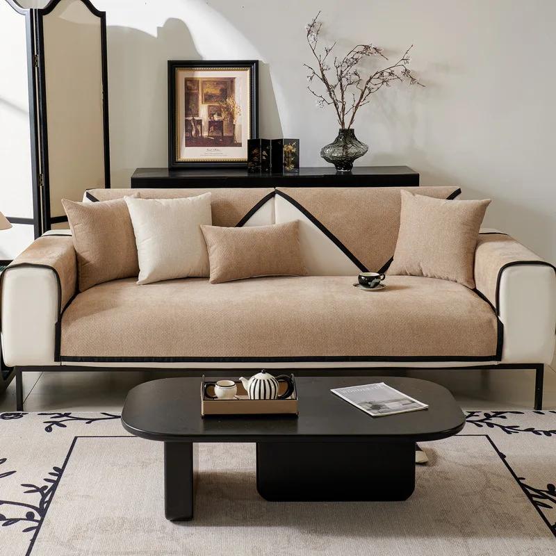 1PC Chenille Sofa Mat Cover Solid Color L-shaped Sofa Slipcover Non-Slip Chaise Longue Couch Cushion Towel for Living Room