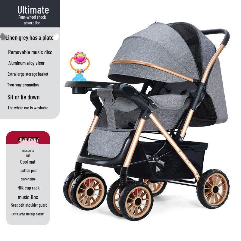 Reversible Foldable Baby Stroller with Shock-Absorbing Wheels and Large Sleep Basket