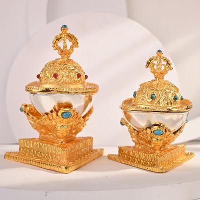 Tibetan Toba Altars Guardian Bowl,Engraving Inlaid Gem Alloy Handicraft Buddhism Holy Water Plate,Buddhist Religious Item,1Set