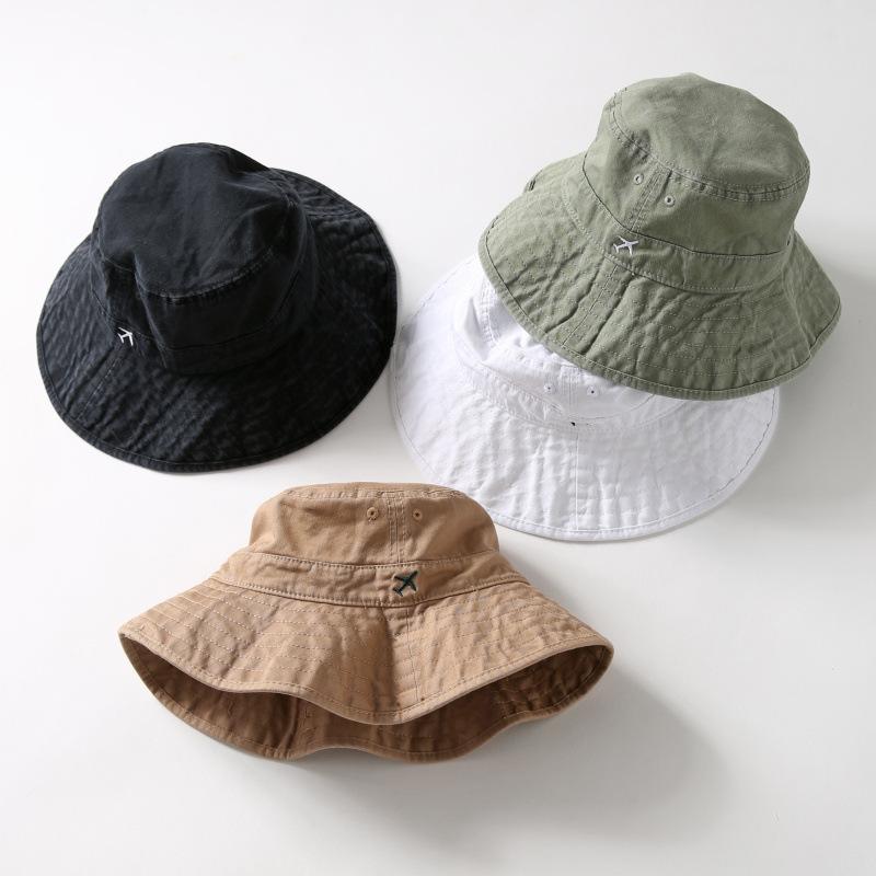 Cotton white bucket hat women spring summer autumn sun protection hat art student embroidery aircraft solid color versatile basin hat