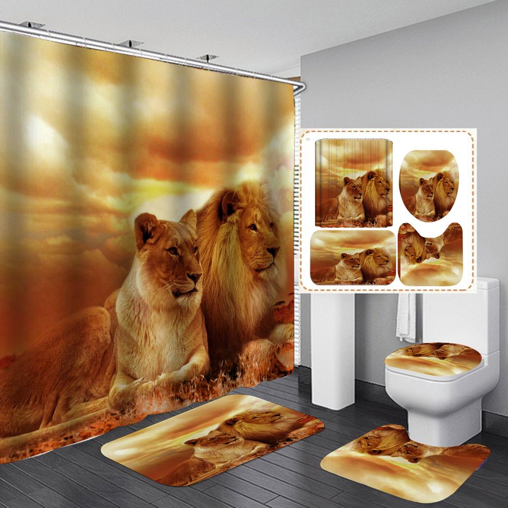 Seturi de perdele de duș din seria Lion 4 buc pentru baie Covoare de baie antiderapante Capac capac de toaletă Covoraș de baie