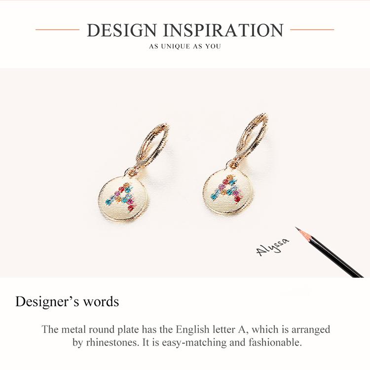 Bisaer Bright Colorful Rhinestones Alphabet A Round Shape Stud Earrings for Women Simple Jewelry