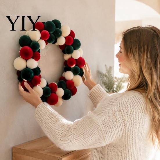 Nordic Style Wall Ornament Christmas Pom Wreath for Front Door, Red Green White Velvet Seasonal Decorative Craft Flocking Hanging Holiday Party,