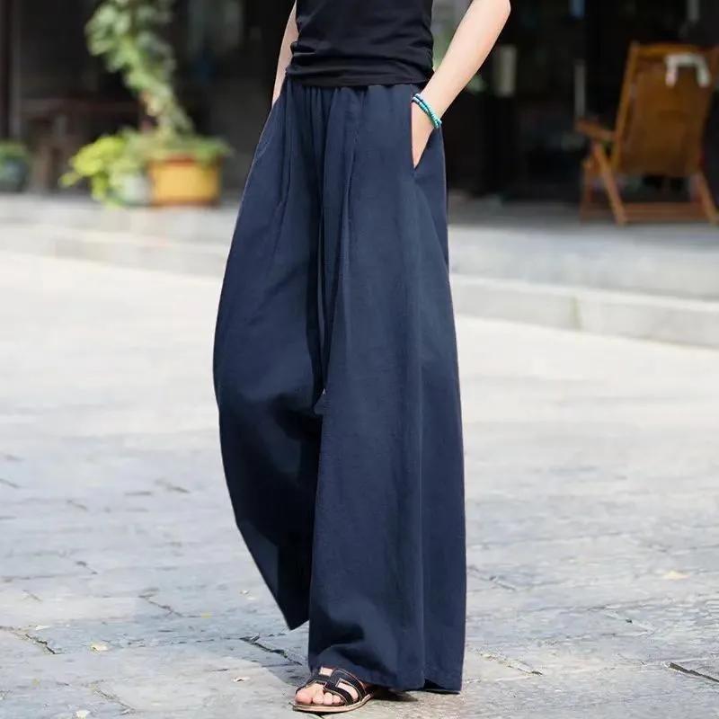 Women's Summer Loose Fit Burgundy Linen Wide Leg Pants with Pockets