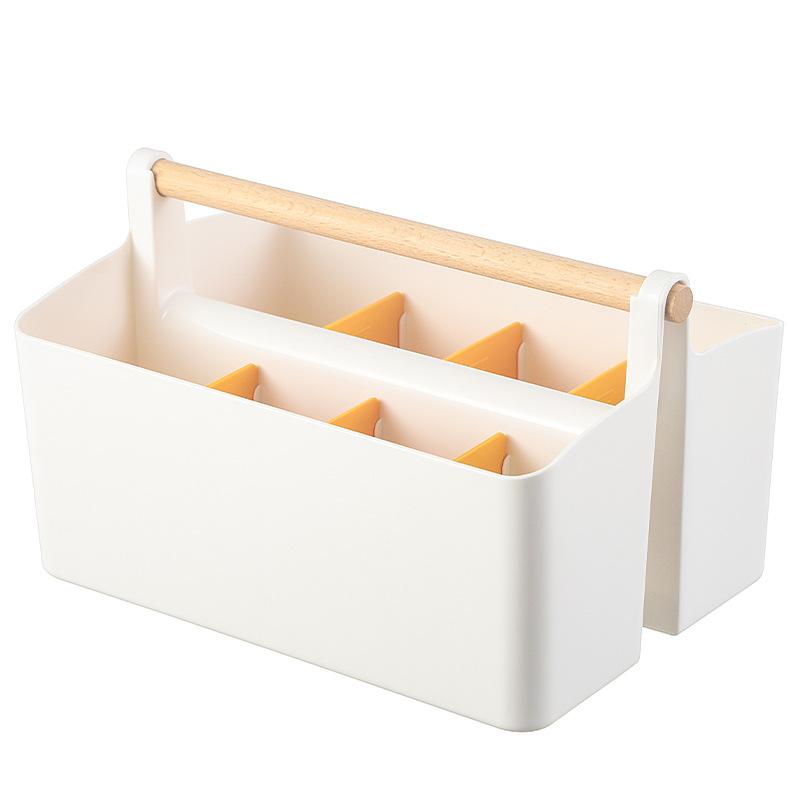 Desktop Compartment Storage Box Stationery Organizing Watercolor Brush Remote Control Storage Box with Wooden Handel
