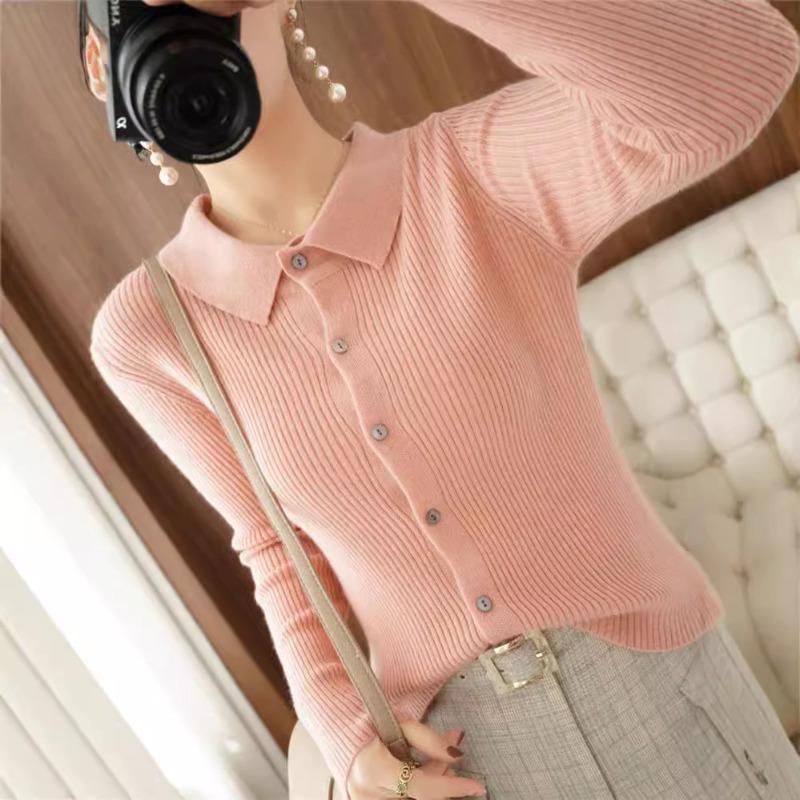New Shirt Women's Long Sleeve Knitted Cardigan Jacket Slim-fit Large Size PO Neck Sweater Solid Color Button Top