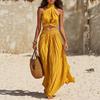 Comfortable Summer Pants Women's 2 Piece Outfits, High Neck Halter Sleeveless Top And Slimming Loose Trousers Wide Leg Matching Set, Beach Vacation