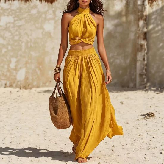 Comfortable Summer Pants Women's 2 Piece Outfits, High Neck Halter Sleeveless Top And Slimming Loose Trousers Wide Leg Matching Set, Beach Vacation