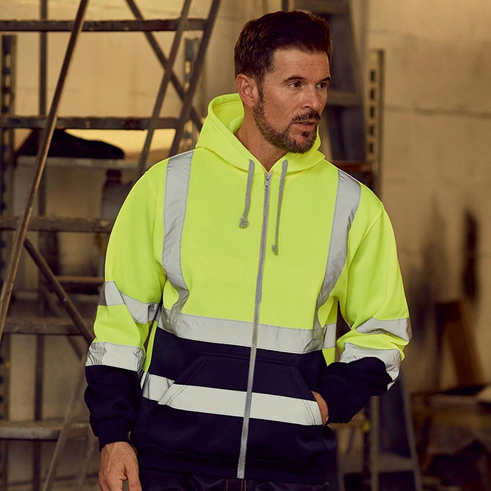 Fleece-lined Outdoor Sanitation Workwear Men's High Visibility Reflective Strip Zipper Color Blocking Hooded Sweatshirts