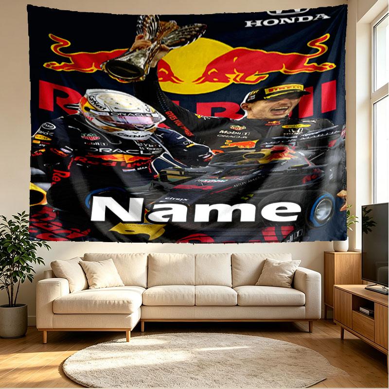 Custom Name Personalized Red Bull Racing Print Tapestry, Wall Art Decor, Bedroom, Dorm, Apartment, LivingRoom, Party Backdrop, Gift for Birthday