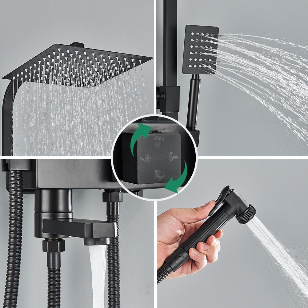 Rozin Rainfall Bathroom Shower Faucet Set With Bidet Mixer Tap Black Wall Mounted Brass Bath Cabin System With Rack,Tub Spout