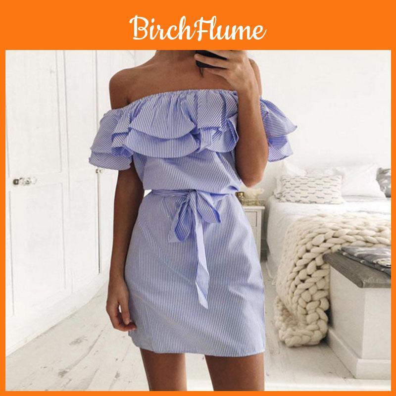 Premium Quality Women's Fashion Summer Casual Beach Mini Dress With Ruffle Off Shoulder Design