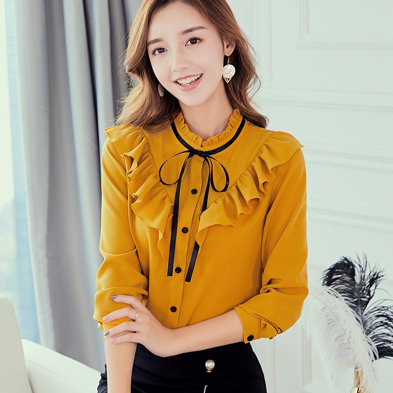 Spring Summer Women Yellow White Shirts Office Bow Tie Collar Slim Long Sleeve Fashion Blouse Ladies Chiffon Shirt