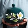 Handmade Ceramic Relief Flower Pattern Tea Caddy Sealed Storage Tea Canister Living Room Coffee Storage Jar Kitchen Teaware