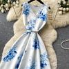 Blue and white porcelain wind sleeveless flower print dress women's summer V-neck waist thin temperament long dress commuting