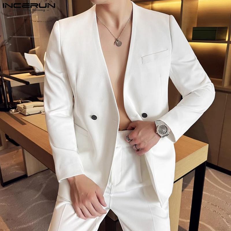 INCERUN Men Collarless Long Sleeve One Button Blazer Casual Oversized Thin Suit Coats