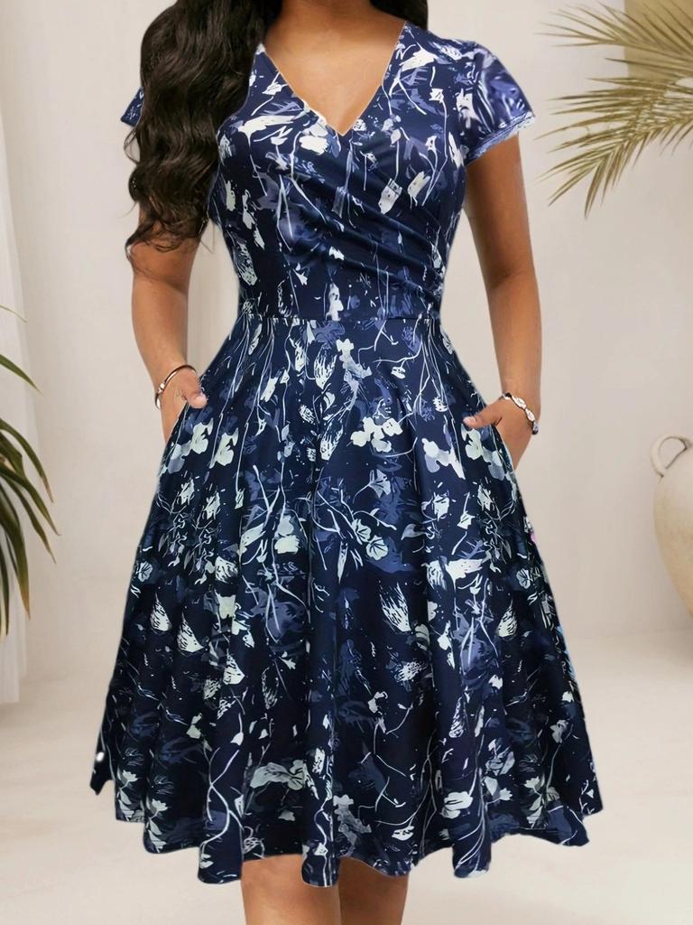 V-Neck Floral Print Midi Dress with Ruffled Waist In Multi-colors