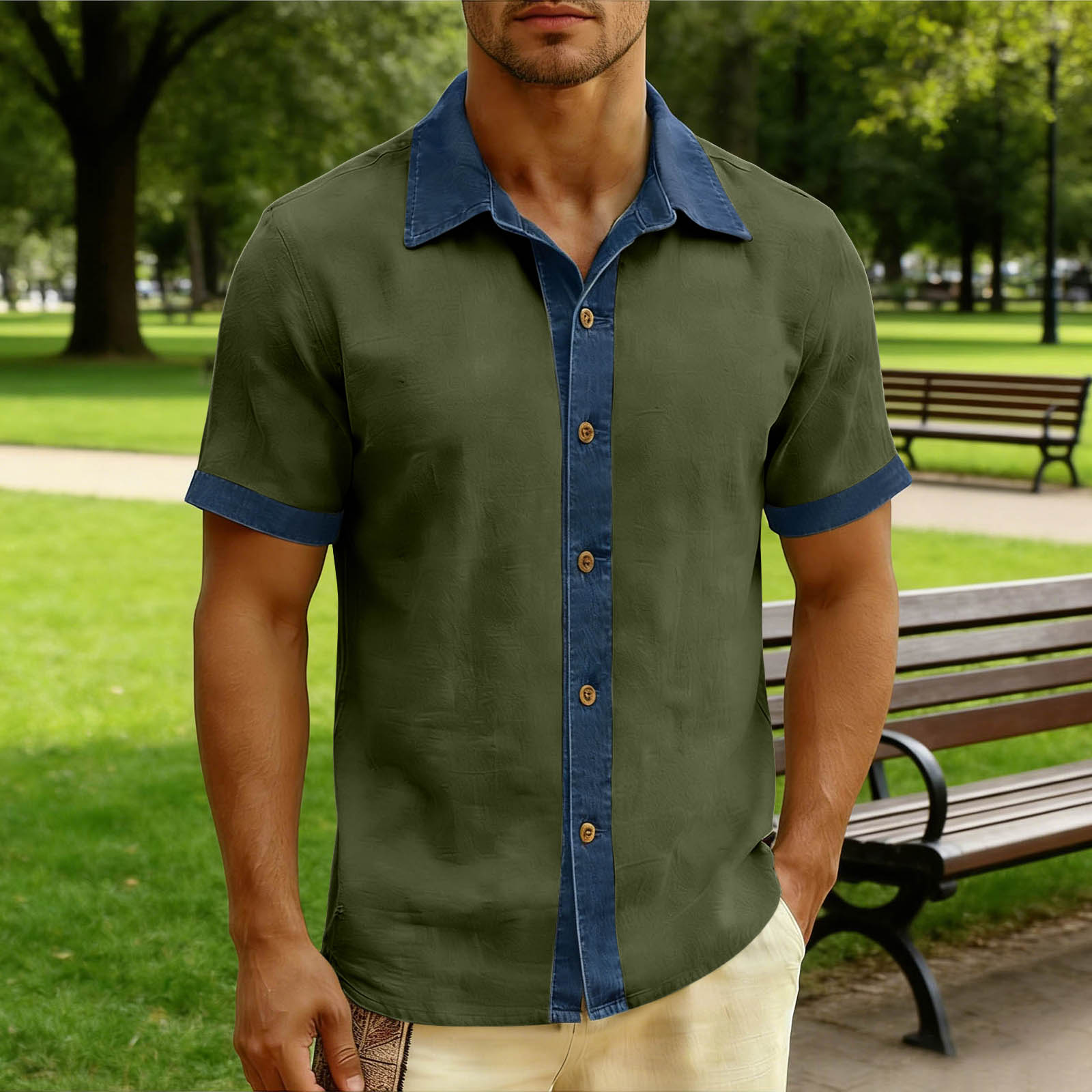 

Men Short Sleeve Button Down Shirt Lapel Casual Fit Lightweight Top with Front Placket Design XXL