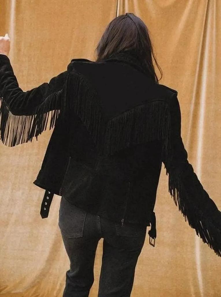 AL KHALID Dámská bunda z jehněčí kůže Pravá Černá Motocyklová S třásněmi Semišová Kůže Ručně šitá