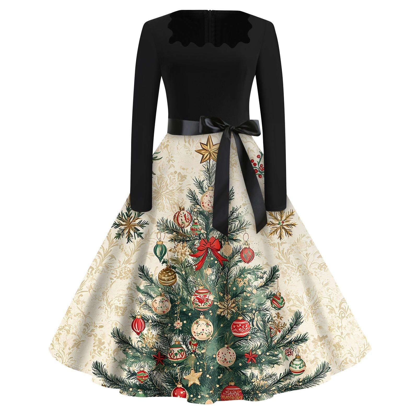 

Рождественский принт расклешенное платье для женщин платье с длинным рукавом ажурное вечернее повседневное платье с квадратным воротником L хаки