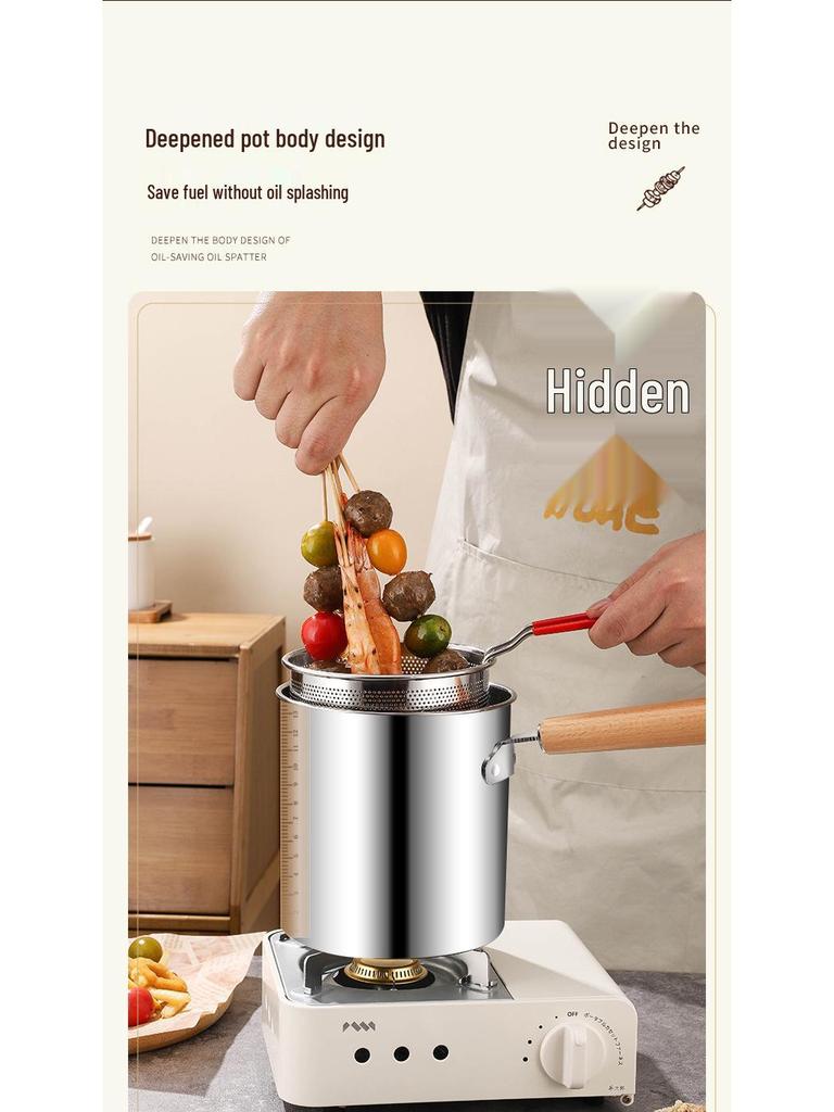 304 Stainless Steel Deep Fryer with Wooden Handle and Filter Basket for Induction Cooker