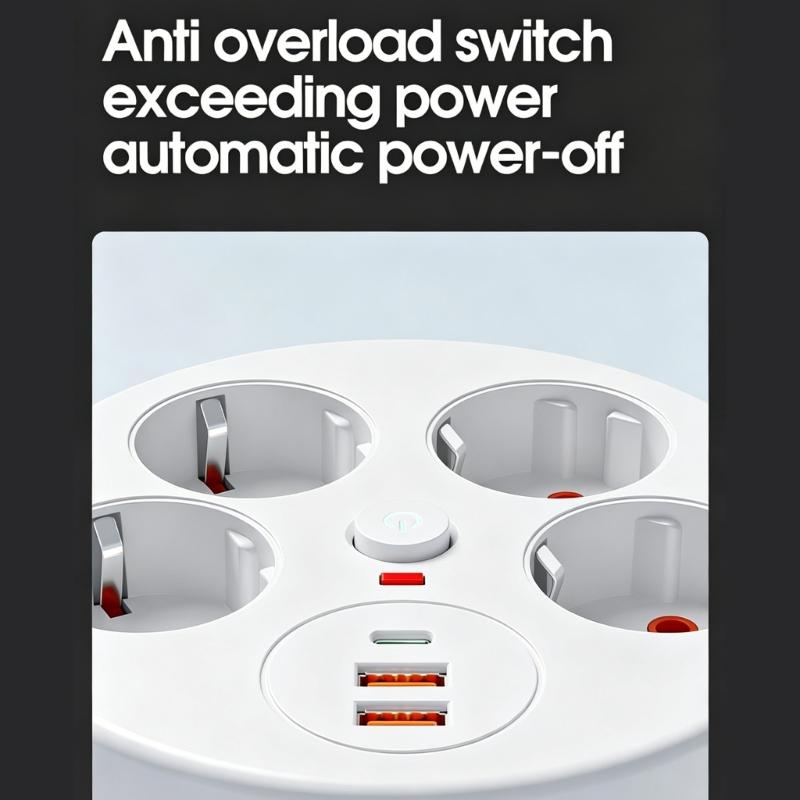 Power Extension Block Intelligent Design 4 Outlet 3 USB Charging Port 280Cm Adjustable Length Cable with Protections