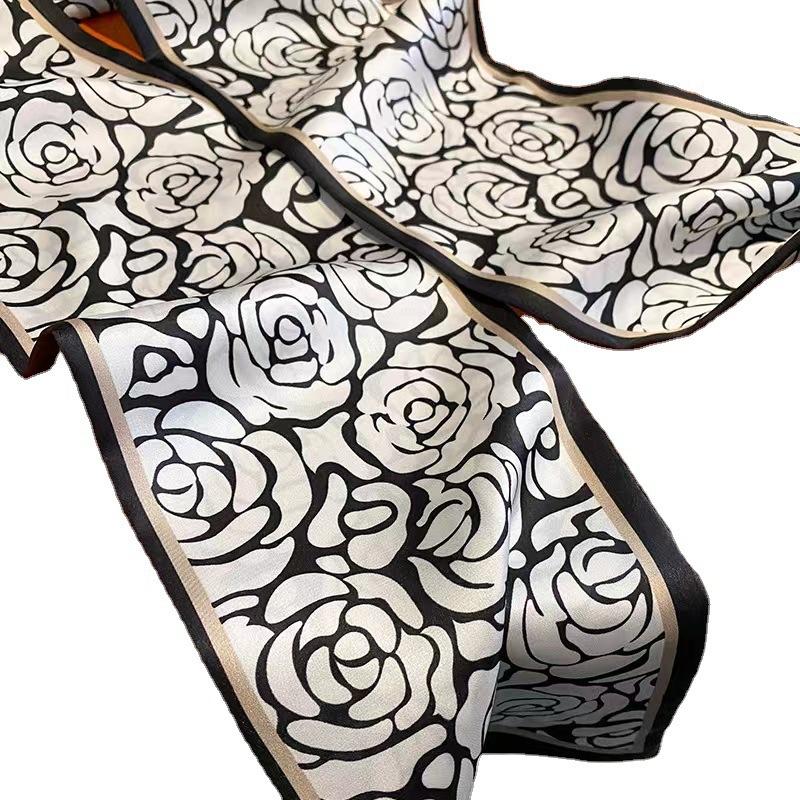 Bufanda larga de seda para mujer, ideal para el día a día, con estampado de temperamento, ideal para el verano, versátil y decorativa, con diseño diagonal.