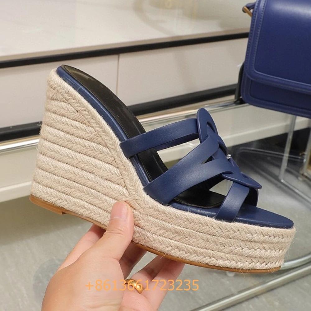 Fashion Corss Strap Patent Leather Platform Women Sandals Wedges Espadrilles Slip On Fashion Heels Open Toe 2025 Summer Newest Slides