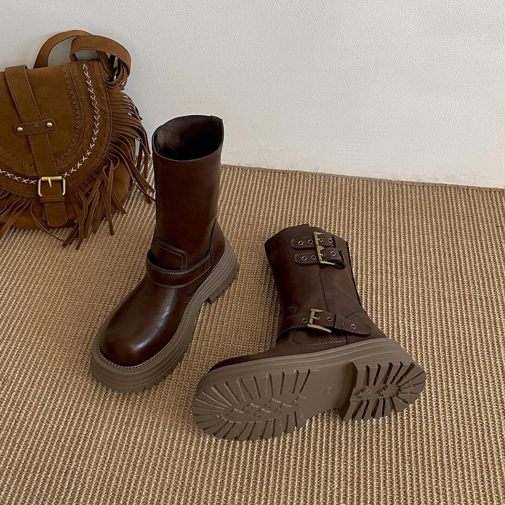 Khaki British Style Platform Martin Boots Women's 2025 New Autumn Small Man Height and Thinness Maillard Short Boots