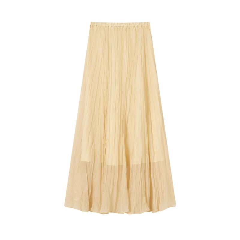 Xiangying Women's Yellow Irregular Pleated Mid-Length Skirt
