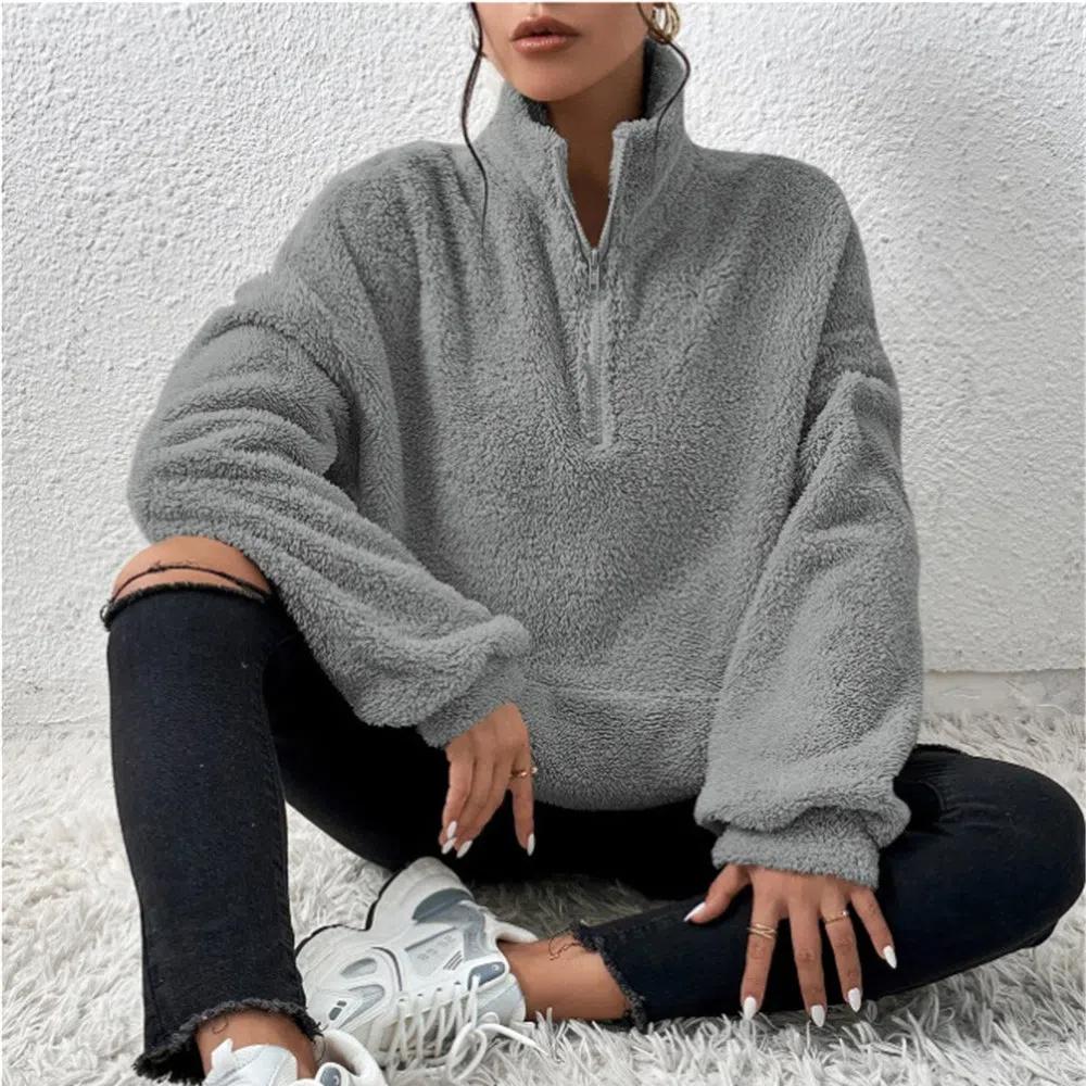 New Women's Plush Lined Stand Collar Sweatshirt, Half Zip Casual Pullover Top with Fleece Lining for Autumn Winter Warm Sports Wear