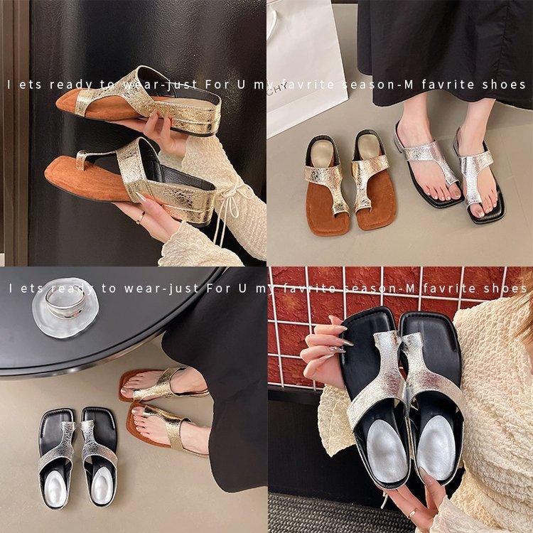 Fashion silver low-heeled one-word slippers for women's summer new toe temperament women's cool slippers