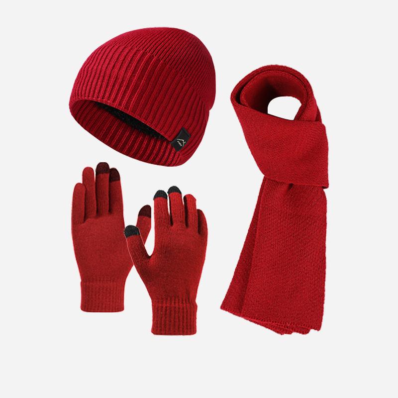Thick Velvet Warm Windproof Three-Piece Set Big Head Circumference Knitted Hat Long Scarf Touch Screen Gloves
